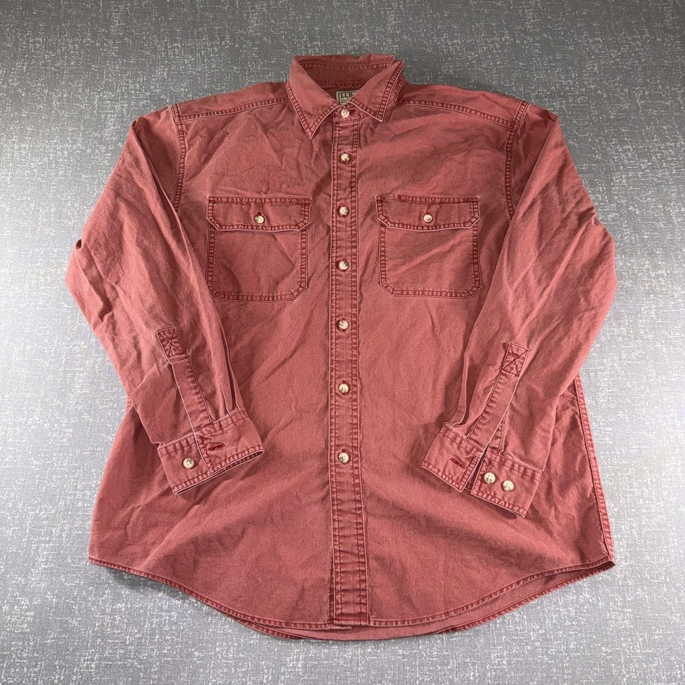 L.L. Bean Shirt Mens Medium Red Canvas Long Sleeve Button Up Casual Workwear - Picture 2 of 8